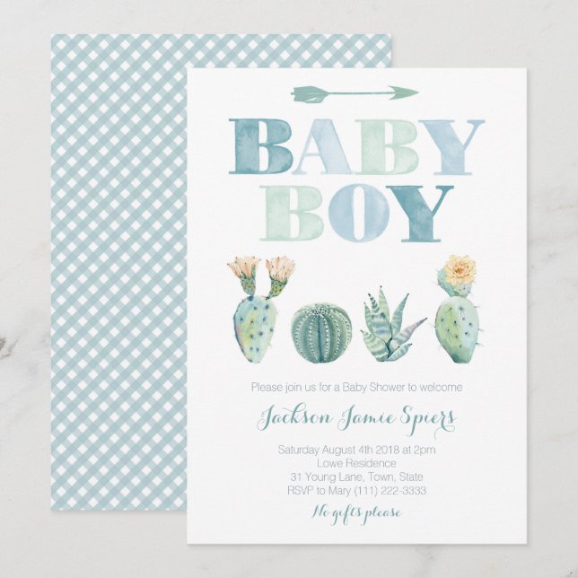 Boy Baby Shower Party with watercolor cacti Invitation (Front/Back)