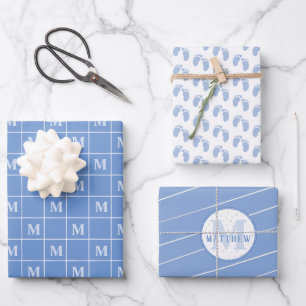 Boy Baby Shower Personalized Monogram Footprint Wrapping Paper Sheet