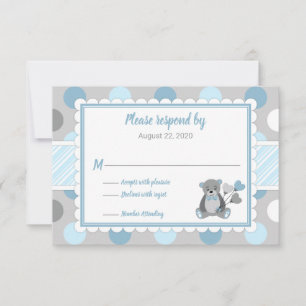 Boy baby shower RSVP card blue grey teddy bear