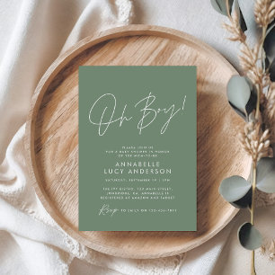 Boy baby shower script modern sage green elegant  invitation