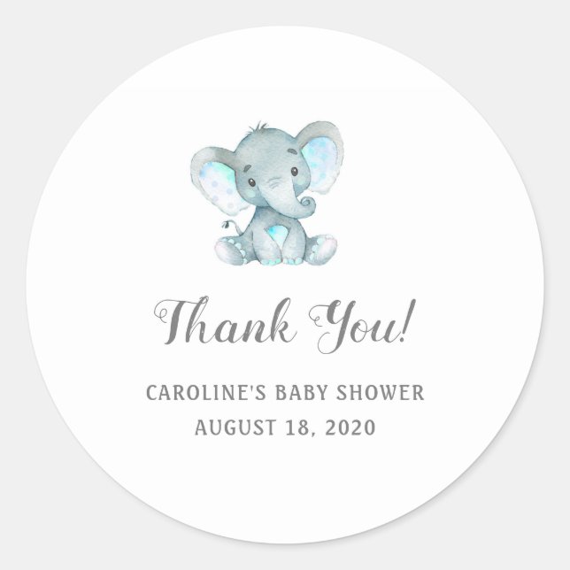 Boy Baby Shower Stickers, Blue Elephant Thank You, Classic Round Sticker (Front)