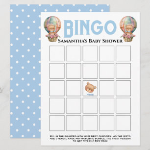 Boy Baby Shower Teddy Balloon Blue Bingo Invitation
