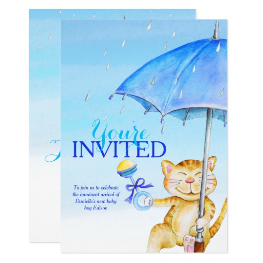 Boy baby shower umbrella whimsical cat invitations