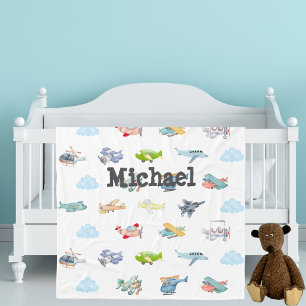 Boy Baby Shower Watercolor Airplanes Clouds Custom Fleece Blanket