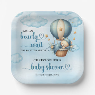 Boy Baby Shower we can bearly wait hot air balloon Paper Plate