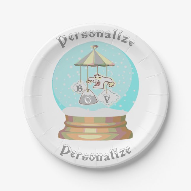 Boy baby shower winter yeti snow globe blue grey  paper plate (Front)