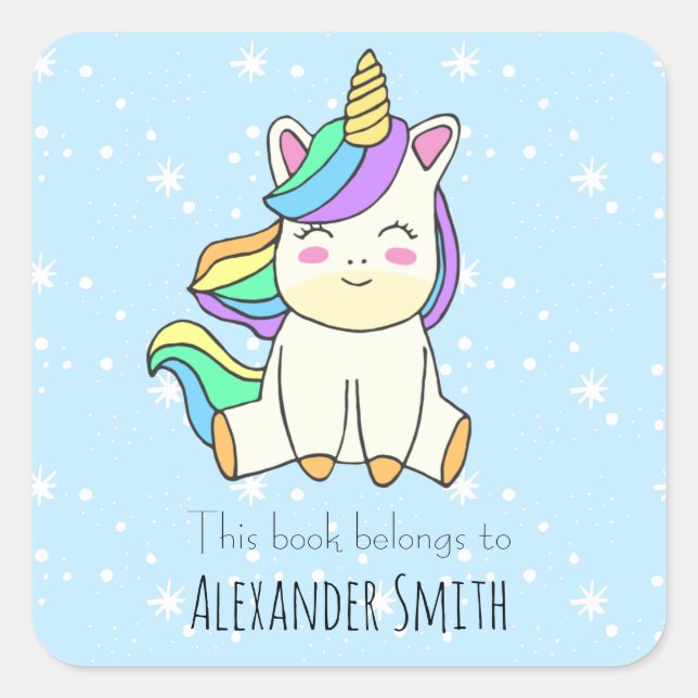 Boy baby unicorn This Book Belongs Name Square Sticker (Front)