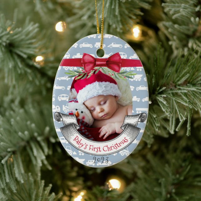 Boy Baby's First Christmas Tree Blue & Red Photo Ceramic Ornament (Tree)