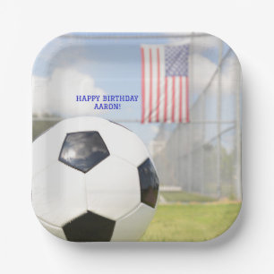 Boy Ball on Field American Flag Soccer Birthday Paper Plate