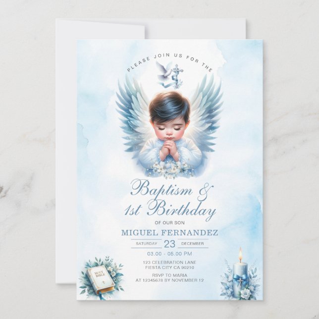 Boy Baptism & 1st Birthday Blue Floral Cross Invitation (Front)