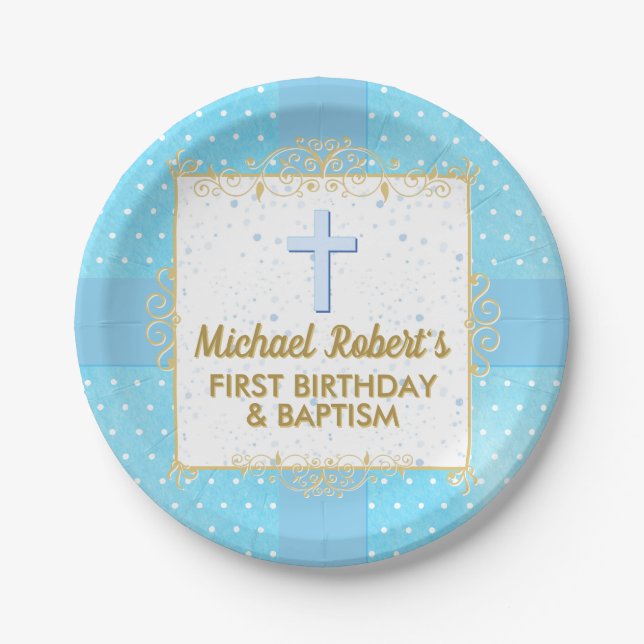 Boy Baptism 1st Birthday Blue Gold Text Polka Dot Paper Plate (Front)