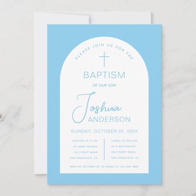 Boy Baptism Baby Blue White Arch Script Religious  Invitation (Front)