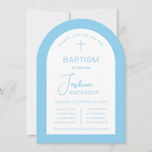 Boy Baptism Baby Blue White Arch Script Religious  Invitation