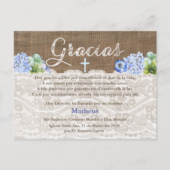 Boy Baptism Bautismo Thank You Card In Spanish (Front)