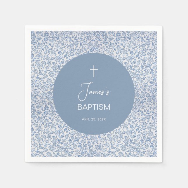 Boy Baptism Blue and White Floral Pattern Elegant Napkin (Front)