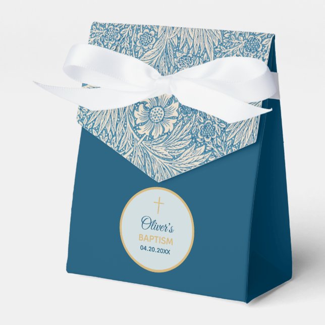 Boy Baptism Blue Floral Marigold William Morris Favor Box (Front Side)