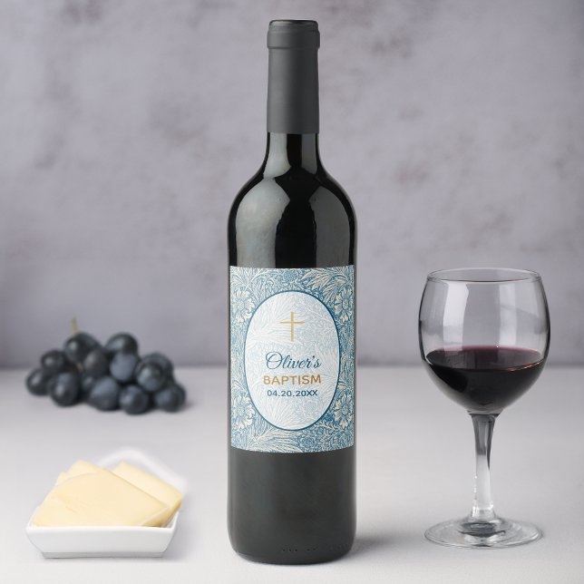 Boy Baptism Blue Floral Marigold William Morris Wine Label (Creator Uploaded)