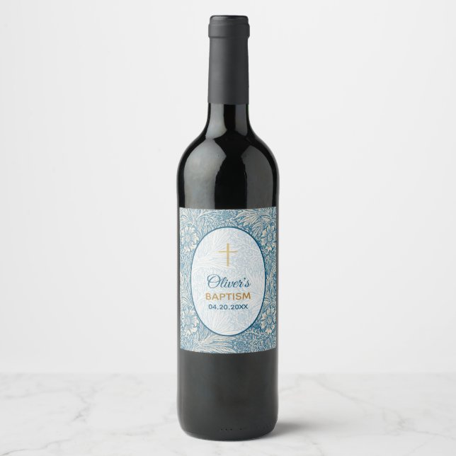 Boy Baptism Blue Floral Marigold William Morris Wine Label (Front)
