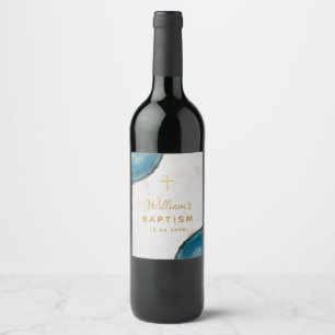 Boy Baptism Blue Geode Gold Cross White Marble Wine Label