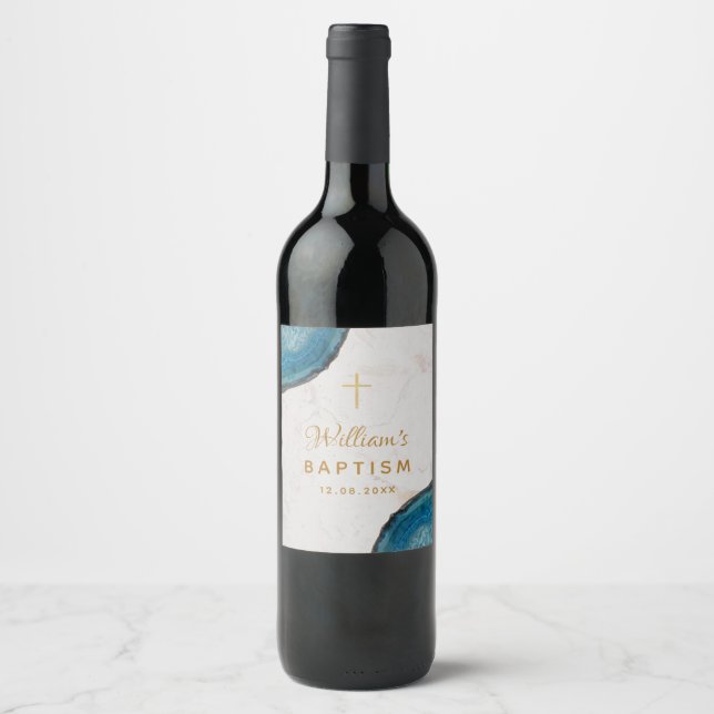 Boy Baptism Blue Geode Gold Cross White Marble Wine Label (Front)