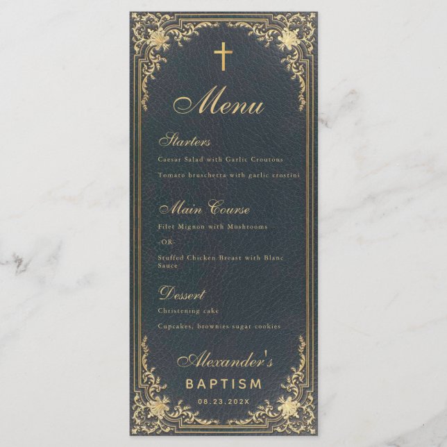 Boy Baptism Blue Gold Elegant Calligraphy Vintage Menu (Front)