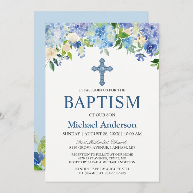 Boy Baptism Blue Hydrangea Watercolor Floral Invitation (Front/Back)