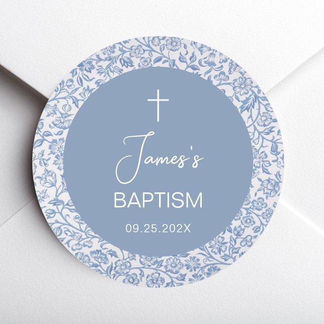 Boy Baptism Blue White Floral Pattern Christening Classic Round Sticker (Creator Uploaded)