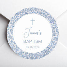 Boy Baptism Blue White Floral Pattern Religious