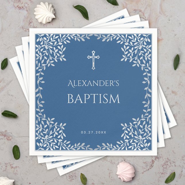 Boy Baptism Classic Blue Faux Silver Leaves Ornate Napkin (Creator Uploaded)