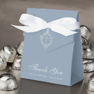 Boy Baptism Dusty Blue Elegant Crest Thank You Favor Box
