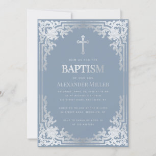 Boy Baptism Dusty Blue Elegant Faux Silver Vintage Invitation
