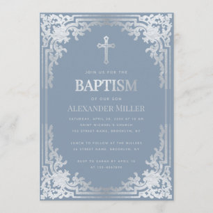 Boy Baptism Dusty Blue Elegant Faux Silver Vintage Invitation