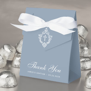 Boy Baptism Dusty Blue White Cross & Crest Elegant Favor Box