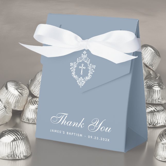 Boy Baptism Dusty Blue White Cross & Crest Elegant Favor Box (Creator Uploaded)
