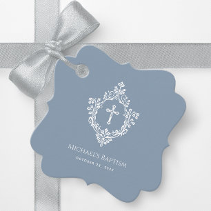 Boy Baptism Dusty Blue White Cross Crest Elegant Favour Tags