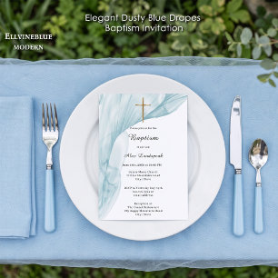 Boy Baptism   Elegant Dusty Blue Drapes Gold Cross Invitation