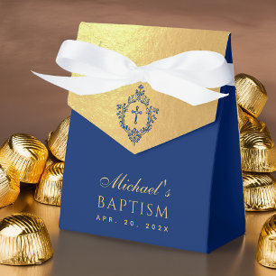 Boy Baptism Faux Gold Royal Blue Crest Religious Favor Box