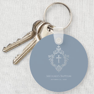 Boy Baptism Favours Dusty Blue Elegant Cross Crest Keychain