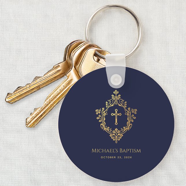 Boy Baptism Favours Navy Blue Faux Gold Crest Cros Keychain (Creator Uploaded)