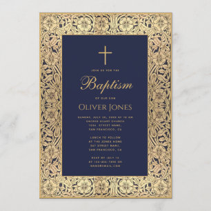Boy Baptism Floral Gold Frame Navy Blue Elegant Invitation