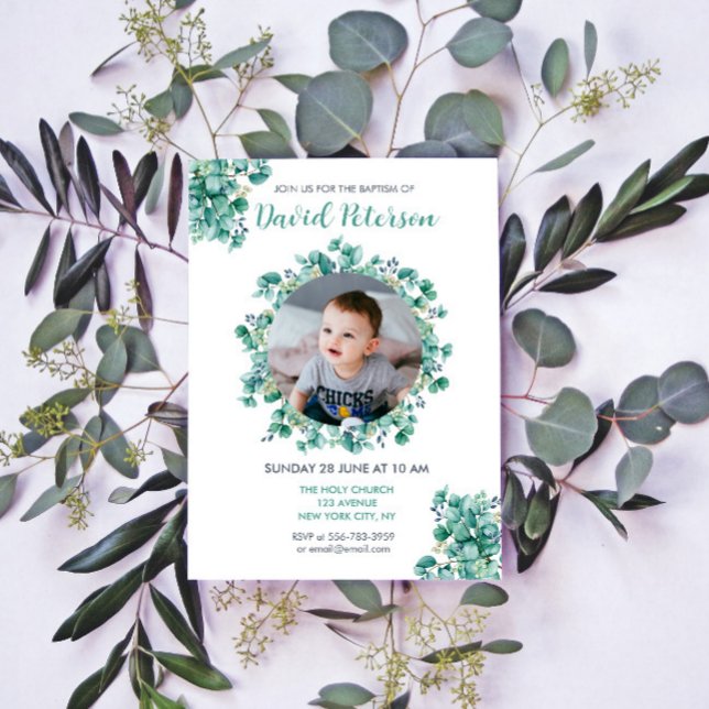 Boy Baptism Floral Teal Blue Wreath Invitation (Boy Baptism Floral Teal Blue Wreath Invitation)