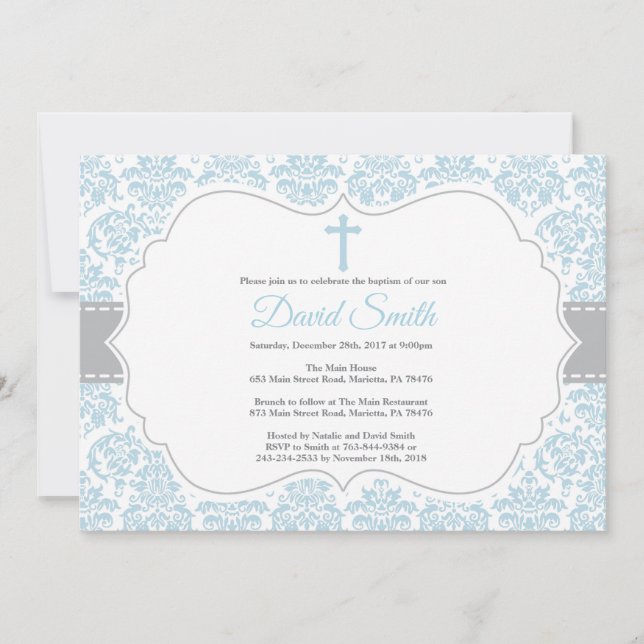 Boy Baptism Invitation Blue and Grey Damask (Front)
