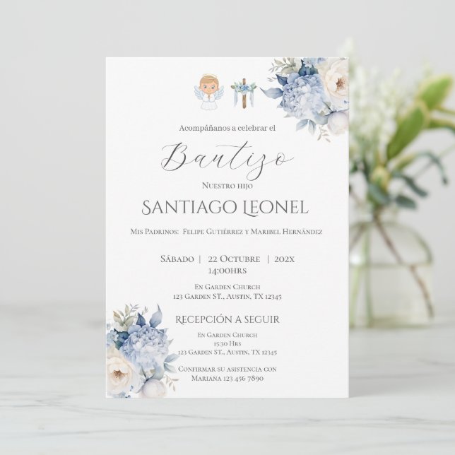Boy Baptism Invitation in Spanish Boho (Standing Front)