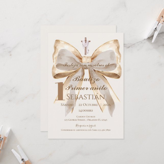 Boy Baptism Invitation in Spanish Boho (Front/Back In Situ)