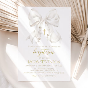 Boy Baptism Invitation, White Bow First Communion Invitation