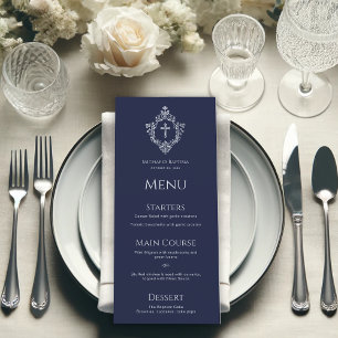 Boy Baptism Navy Blue Cross Crest Vintage Elegant Menu