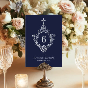 Boy Baptism Navy Blue Elegant Vintage Crest Cross Table Number