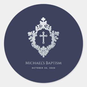 Boy Baptism Navy Blue Faux Silver Crest Vintage  Classic Round Sticker