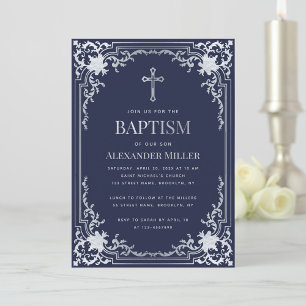 Boy Baptism Navy Blue Faux Silver Vintage Elegant Invitation