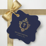 Boy Baptism Navy Blue Vintage Crest Gold Cross Favour Tags<br><div class="desc">An elegant religious design with a cross in a vintage crest, appropriate for a boy's baptism. The crest and the cross are faux gold foil, the background is navy blue. Under the crest, in small caps, there are the name and occasion in golden letters and the date. There is a...</div>